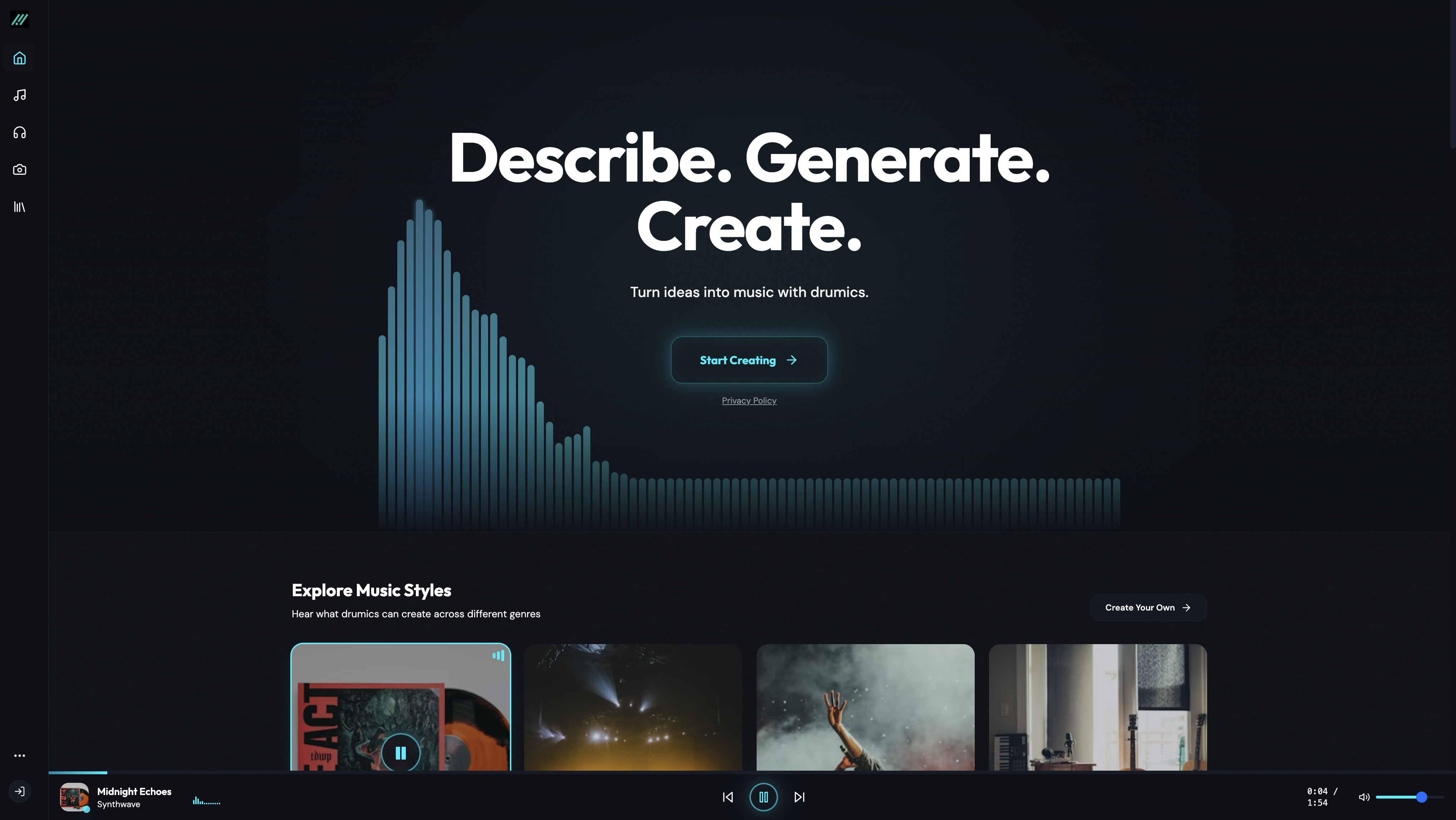 Drumics - AI Music from Words and Photos - Main product screenshot demonstrating key features and user interface