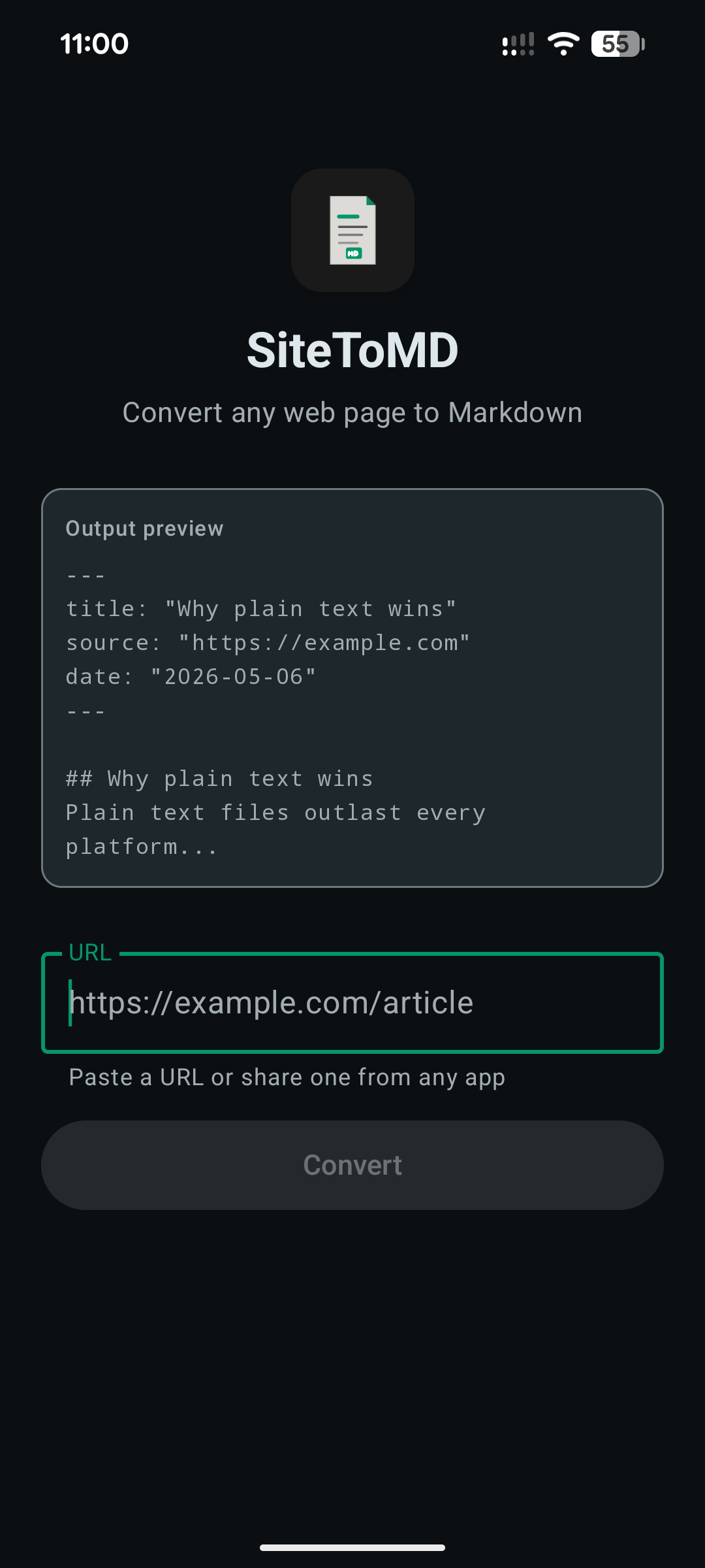 SiteToMD — Any web page. Clean markdown.