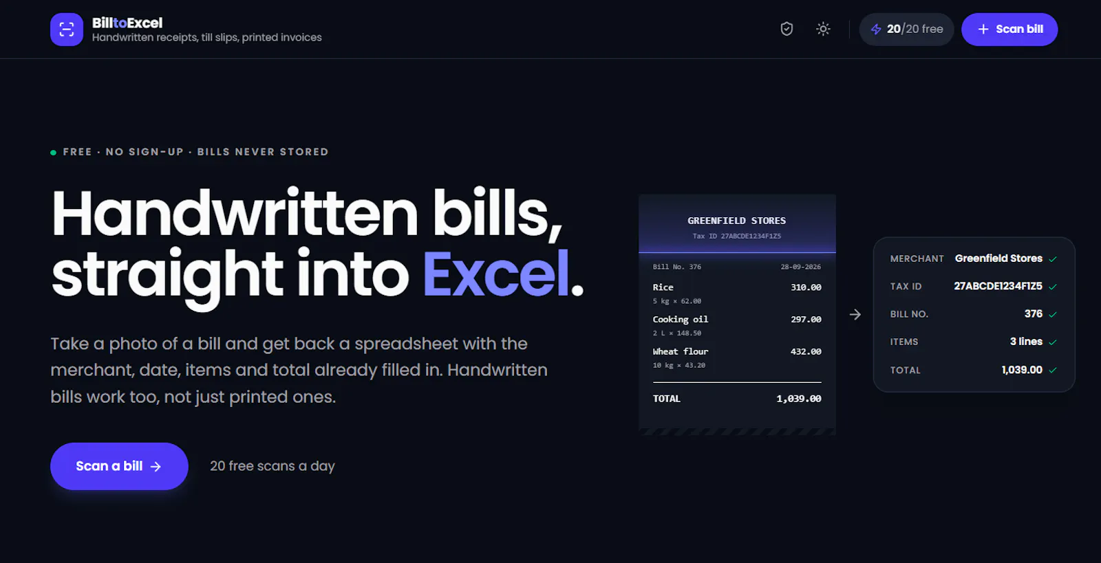 Bill to Excel screenshot 1