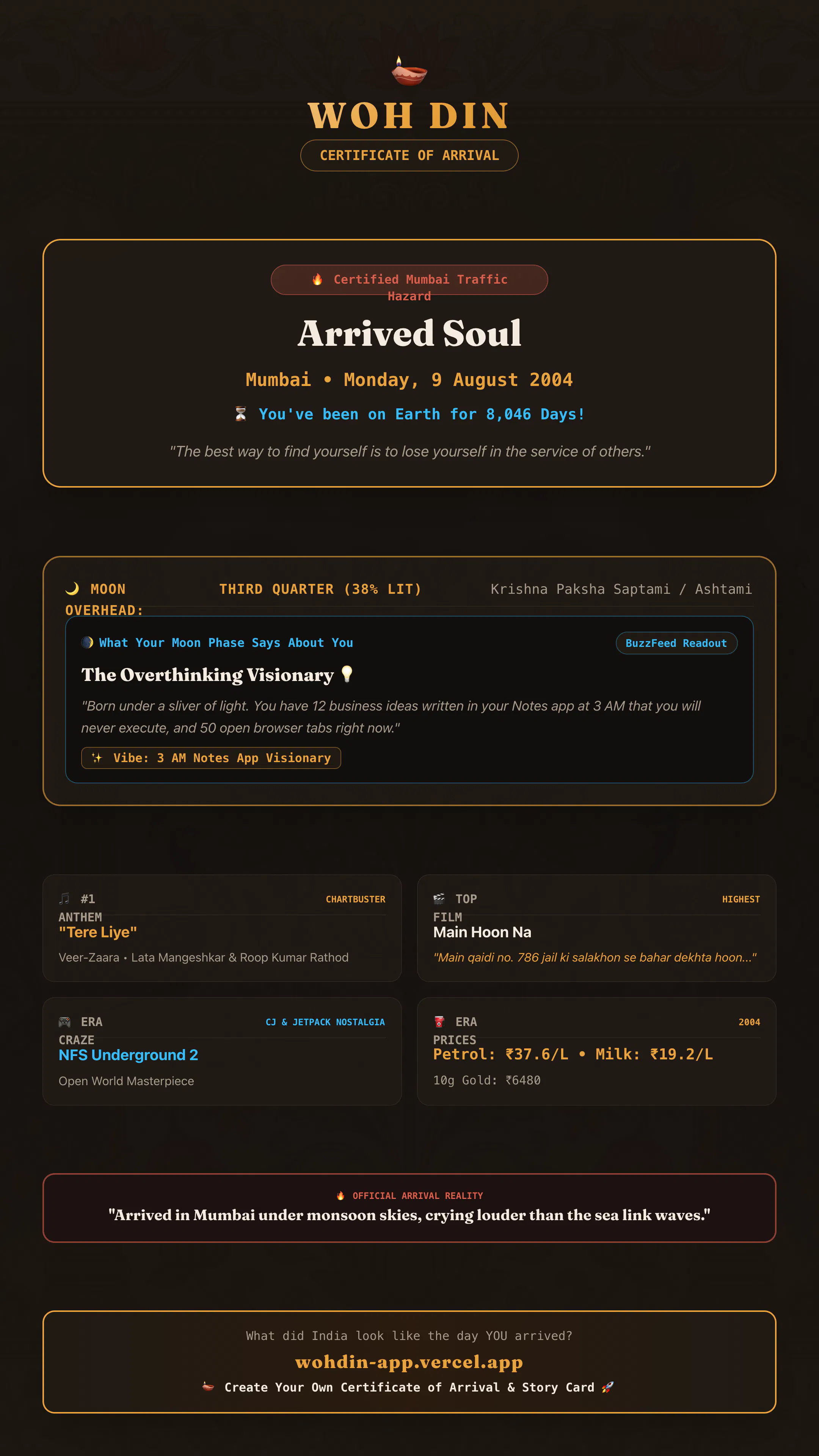 Woh Din — Certificate of Arrival gallery image