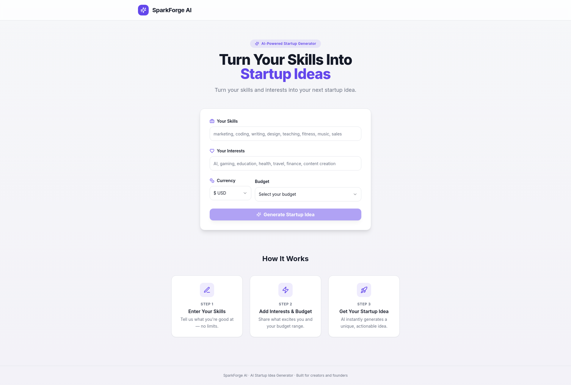 SparkForge AI - Main product screenshot demonstrating key features and user interface