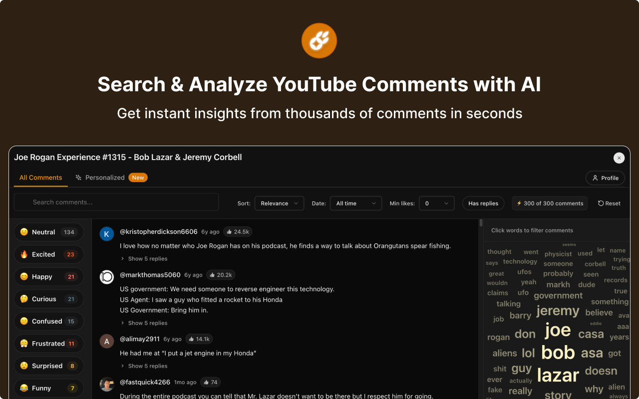 YouTube Comment Search AI - Main product screenshot demonstrating key features and user interface