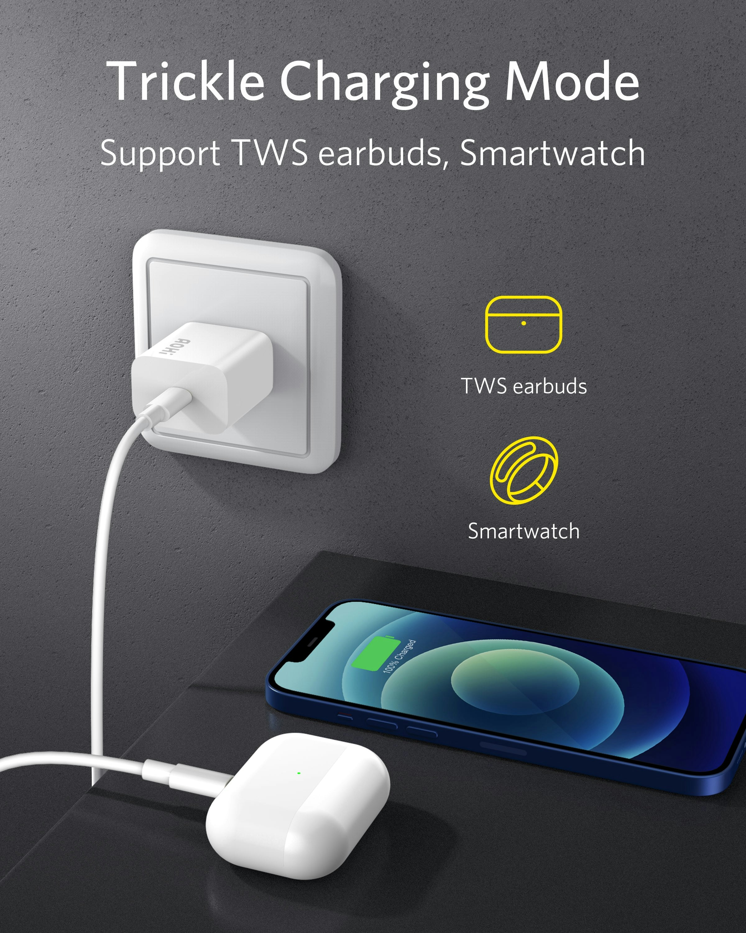 Media AOHI 20W USB C Sạc tường nhanh - Tốc độ sạc 4 lần so với Bộ sạc iPhone 5W tiêu chuẩn 4