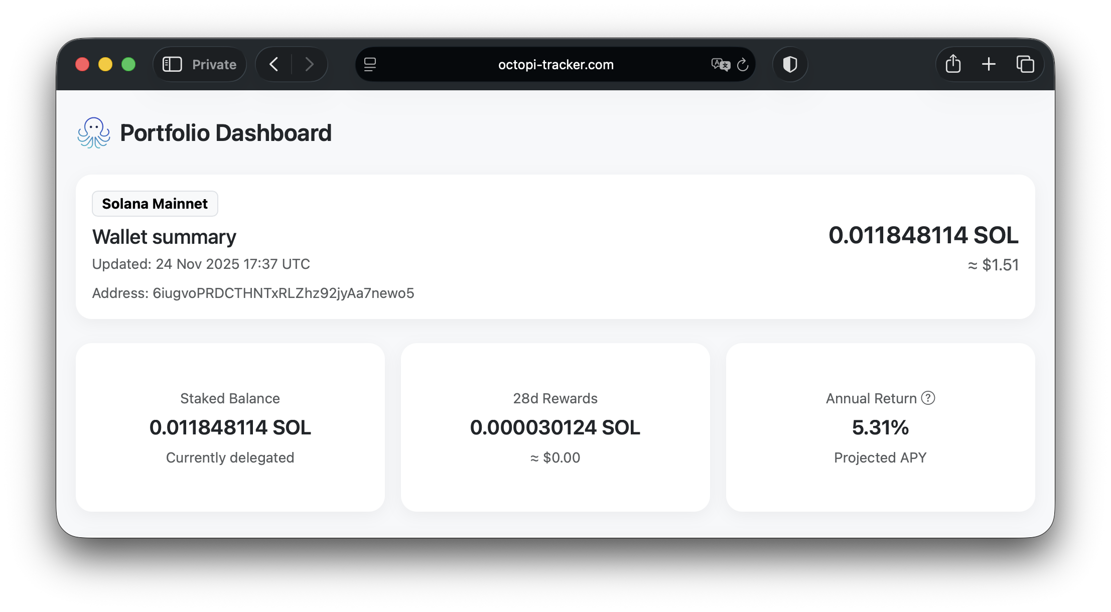Octopi Tracker – SOL yield calculator - Main product screenshot demonstrating key features and user interface