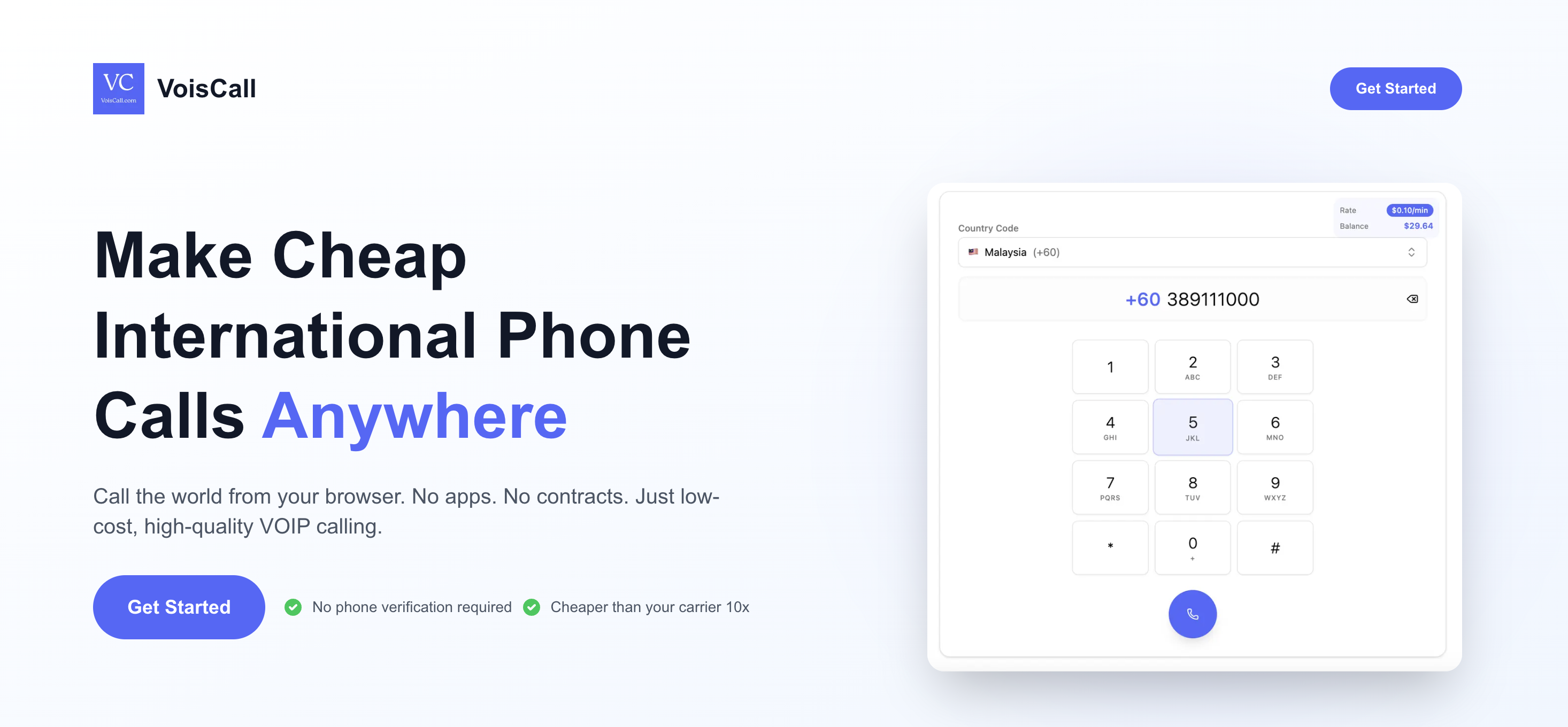 VoisCall - Main screenshot showing features and interface