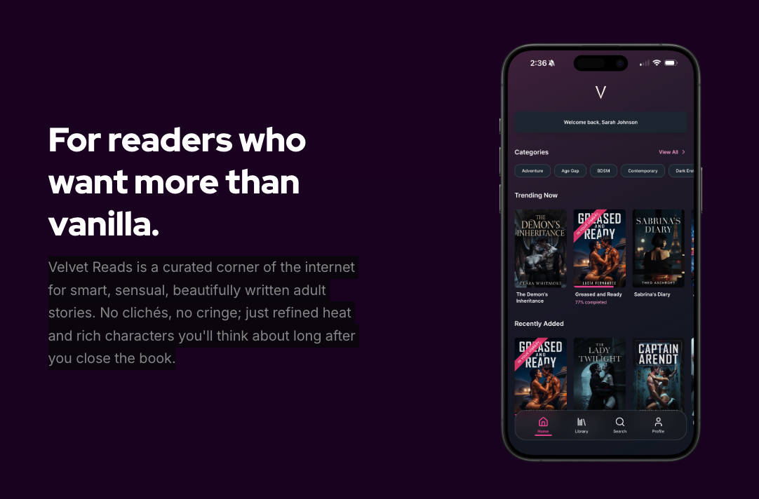 Velvet Reads - Main product screenshot demonstrating key features and user interface