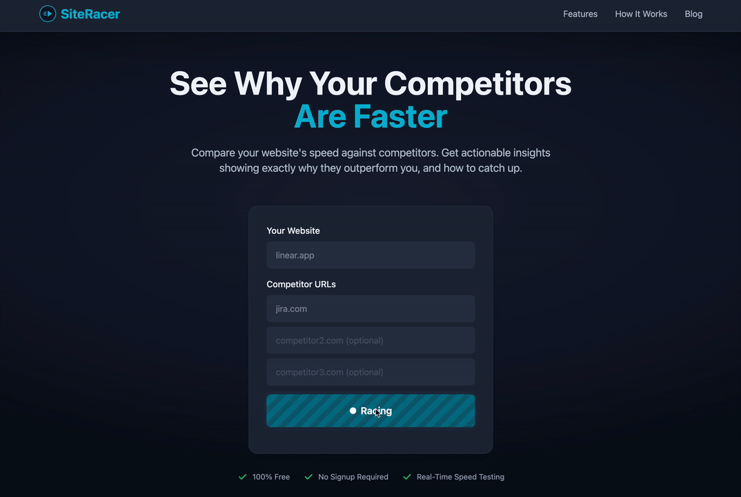 SiteRacer - Main product screenshot demonstrating key features and user interface