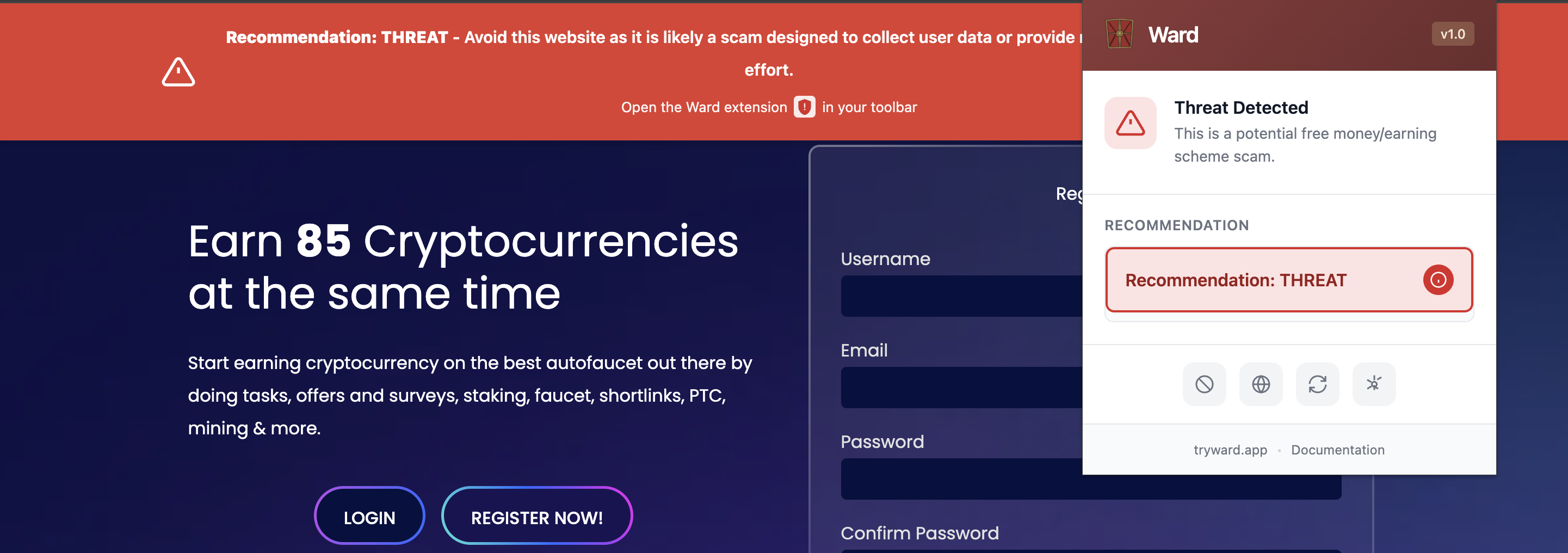 Ward - AI-based anti-scam protection - Main product screenshot demonstrating key features and user interface