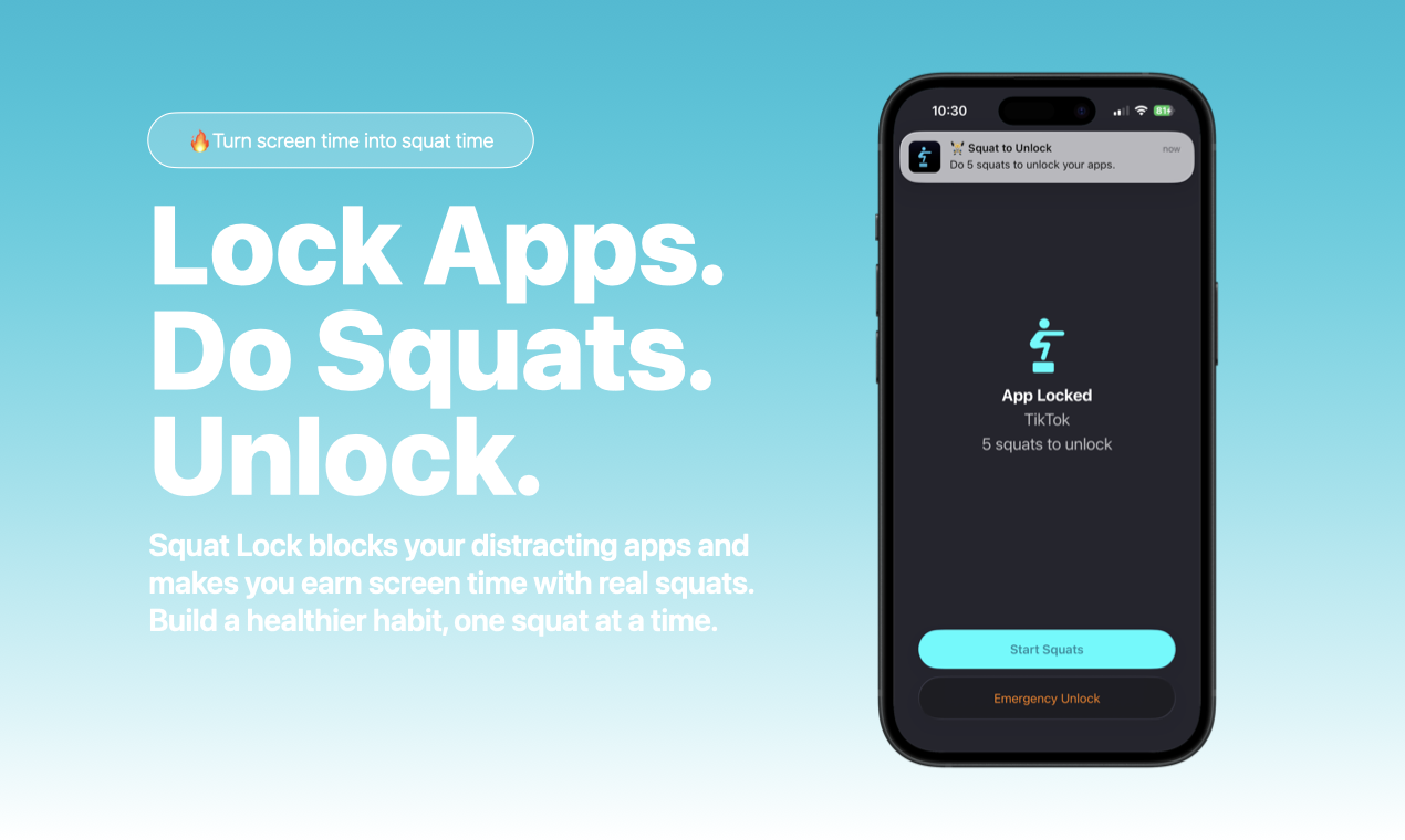 Squat Lock: Earn Your Screen Time - Main product screenshot demonstrating key features and user interface