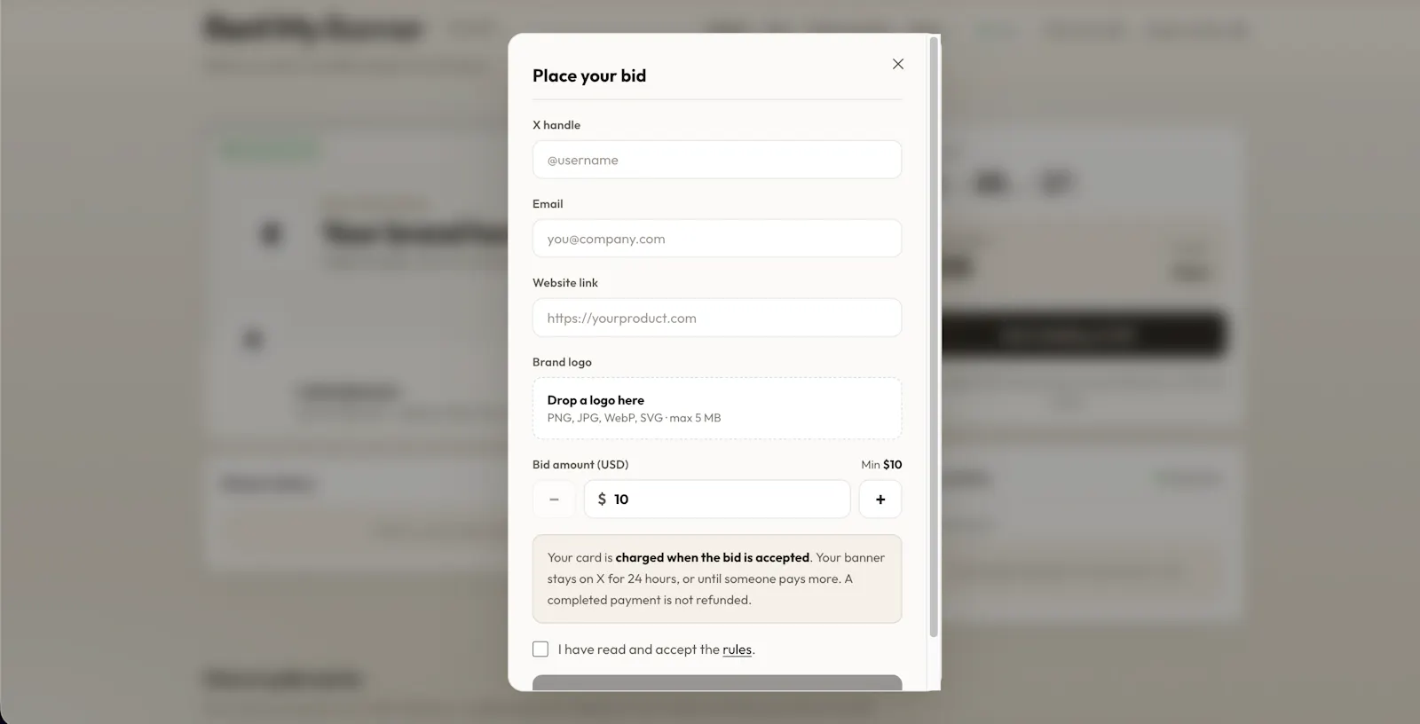 RentMyBanner — Live X header auction screenshot 2