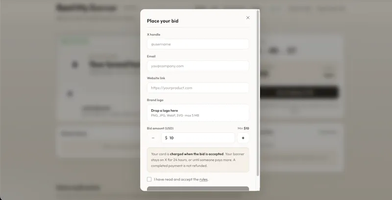 RentMyBanner — Live X header auction screenshot 2