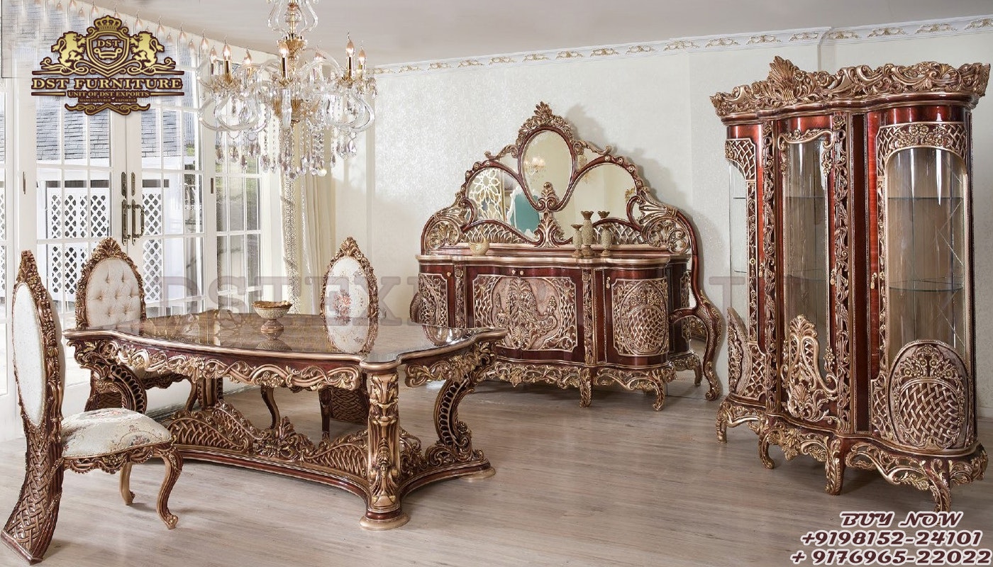 Teak Wood Walnut Finish Dining Table Set gallery image
