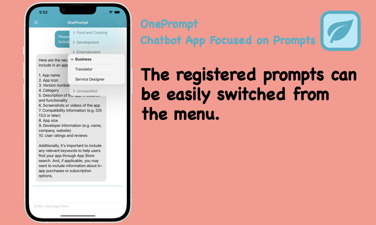 startuptile OnePrompt-Chatbot app focused on chat prompts using GPT for iOS/iPadOS