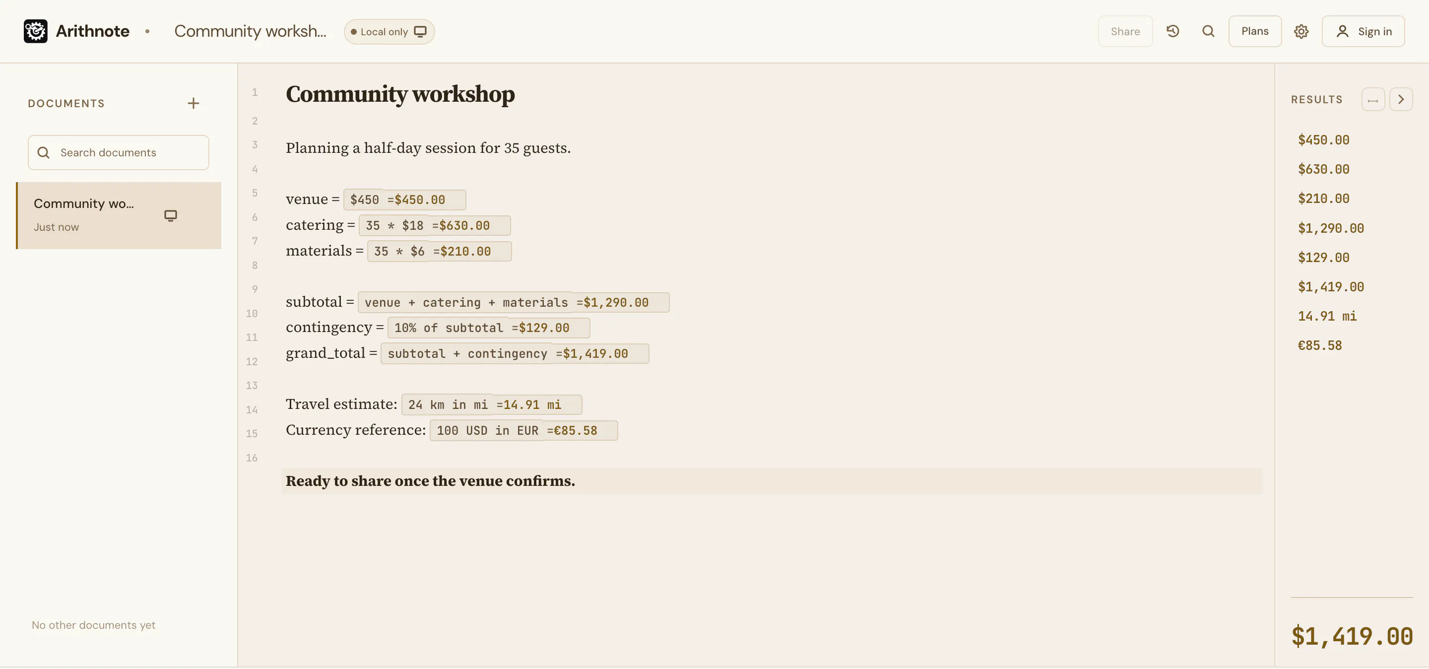 Arithnote screenshot
