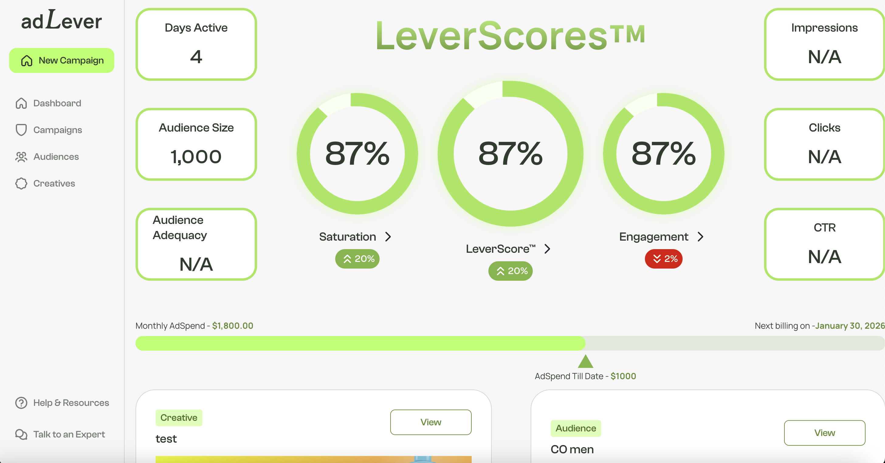 AdLever - Main product screenshot demonstrating key features and user interface