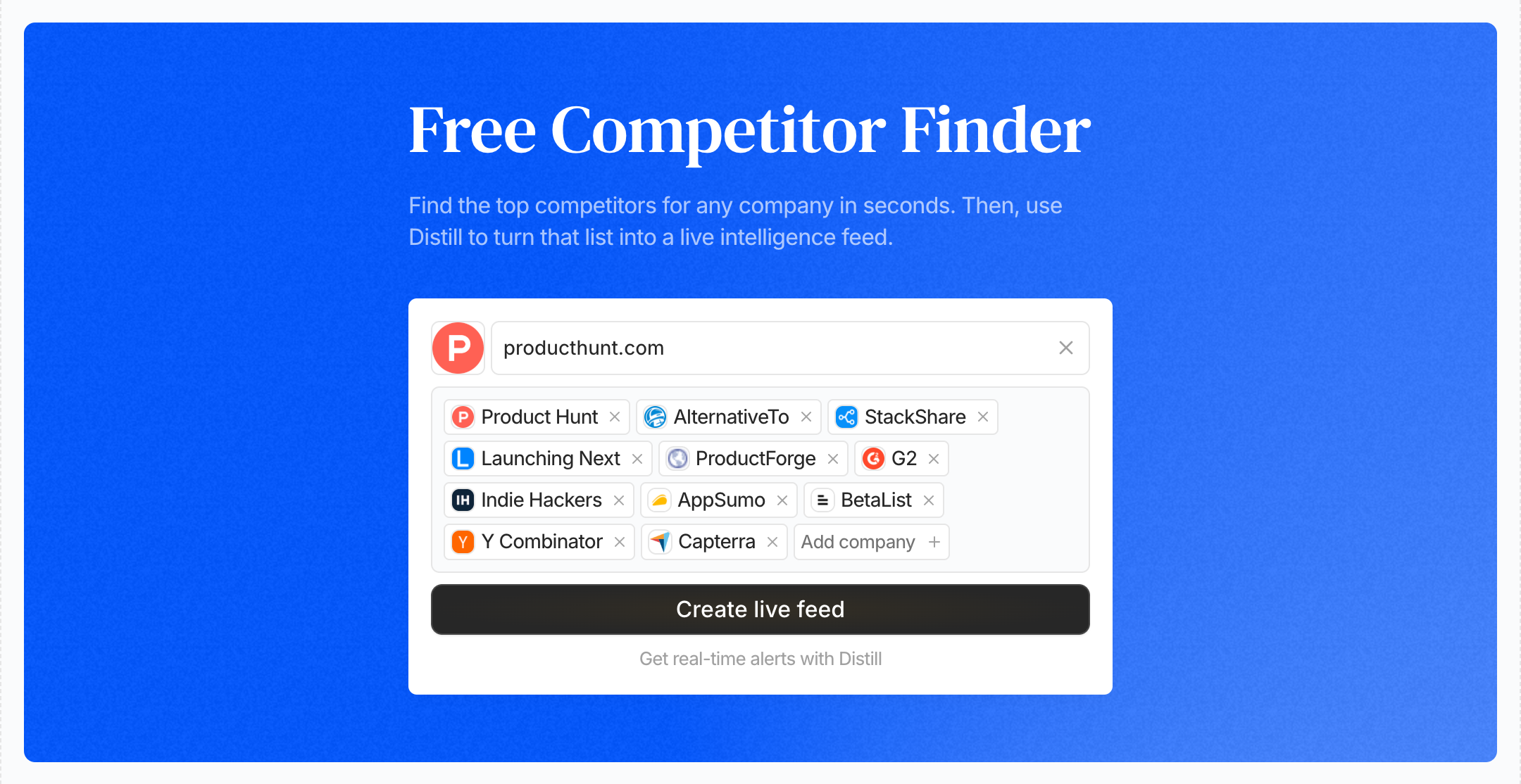 Free Competitor Finder by Distill - Main product screenshot demonstrating key features and user interface