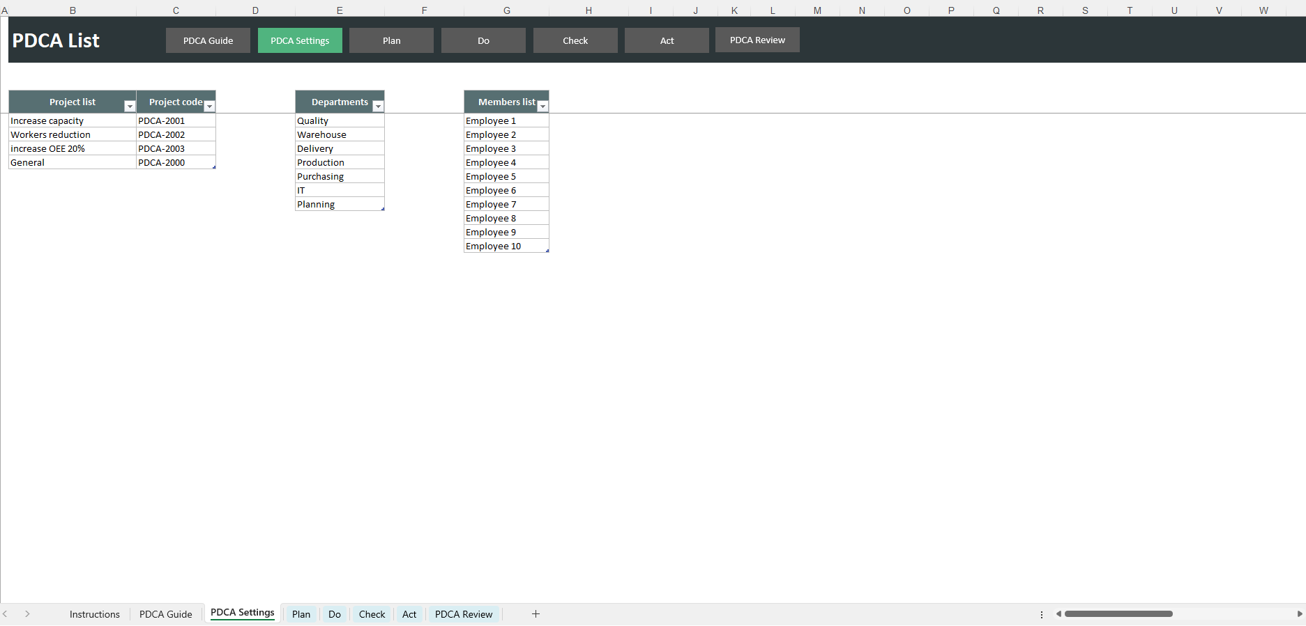 PDCA (Plan-Do-Check-Act) Excel Template - Screenshot 2 showing product features and functionality