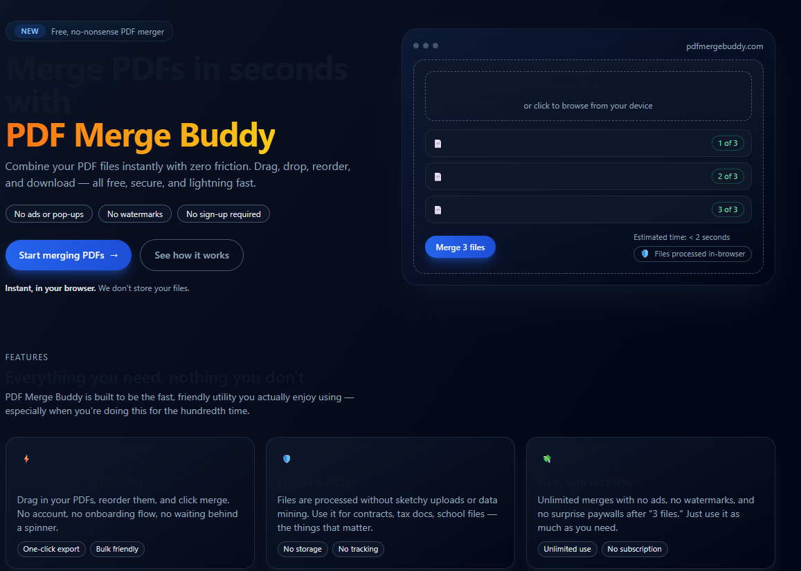 PDF Merge Buddy - Main screenshot showing features and interface