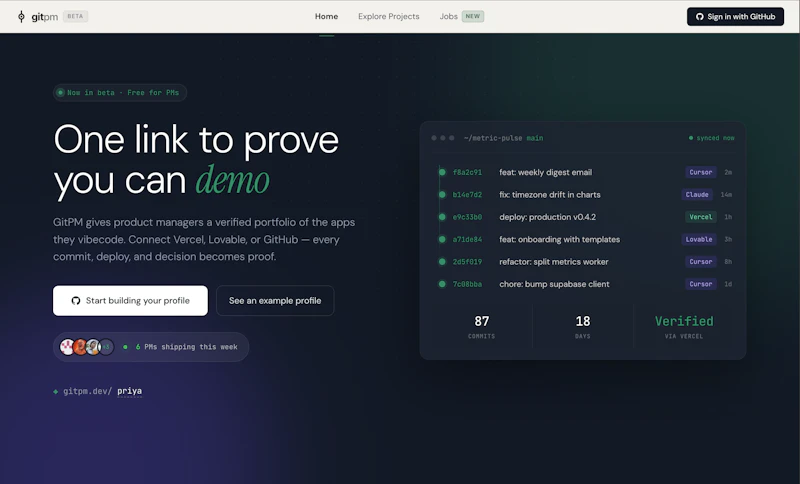 GitPM: The portfolio for PMs who ship screenshot 2