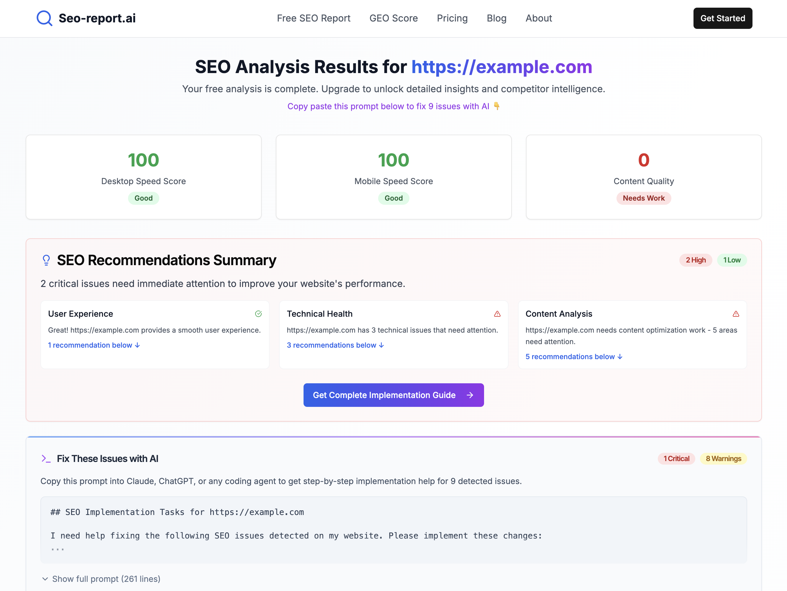SEO Report AI - Screenshot 2 showing product features and functionality
