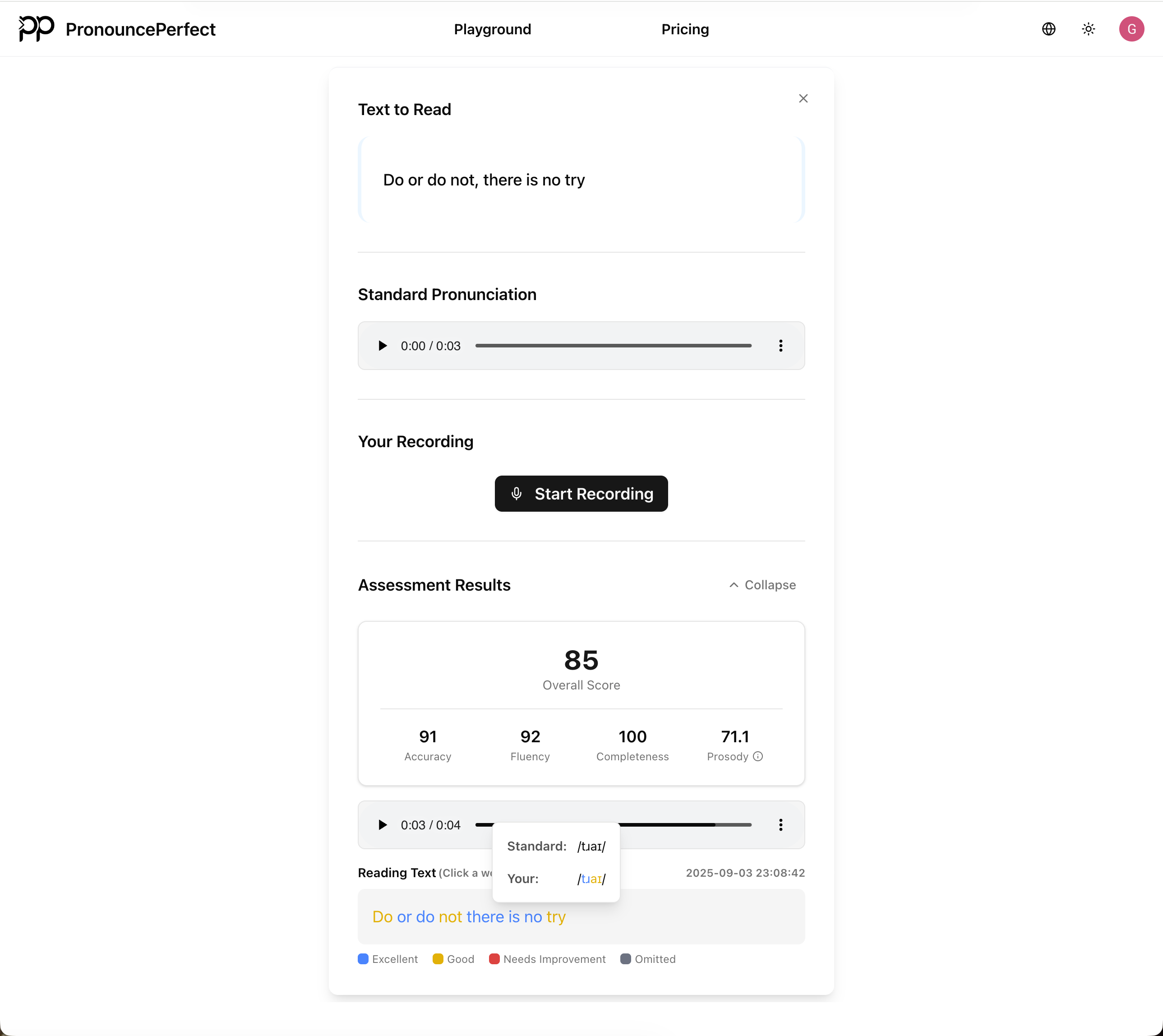 Pronunceperfect - Testo inglese a parlare e ottenere un feedback di pronuncia media 4