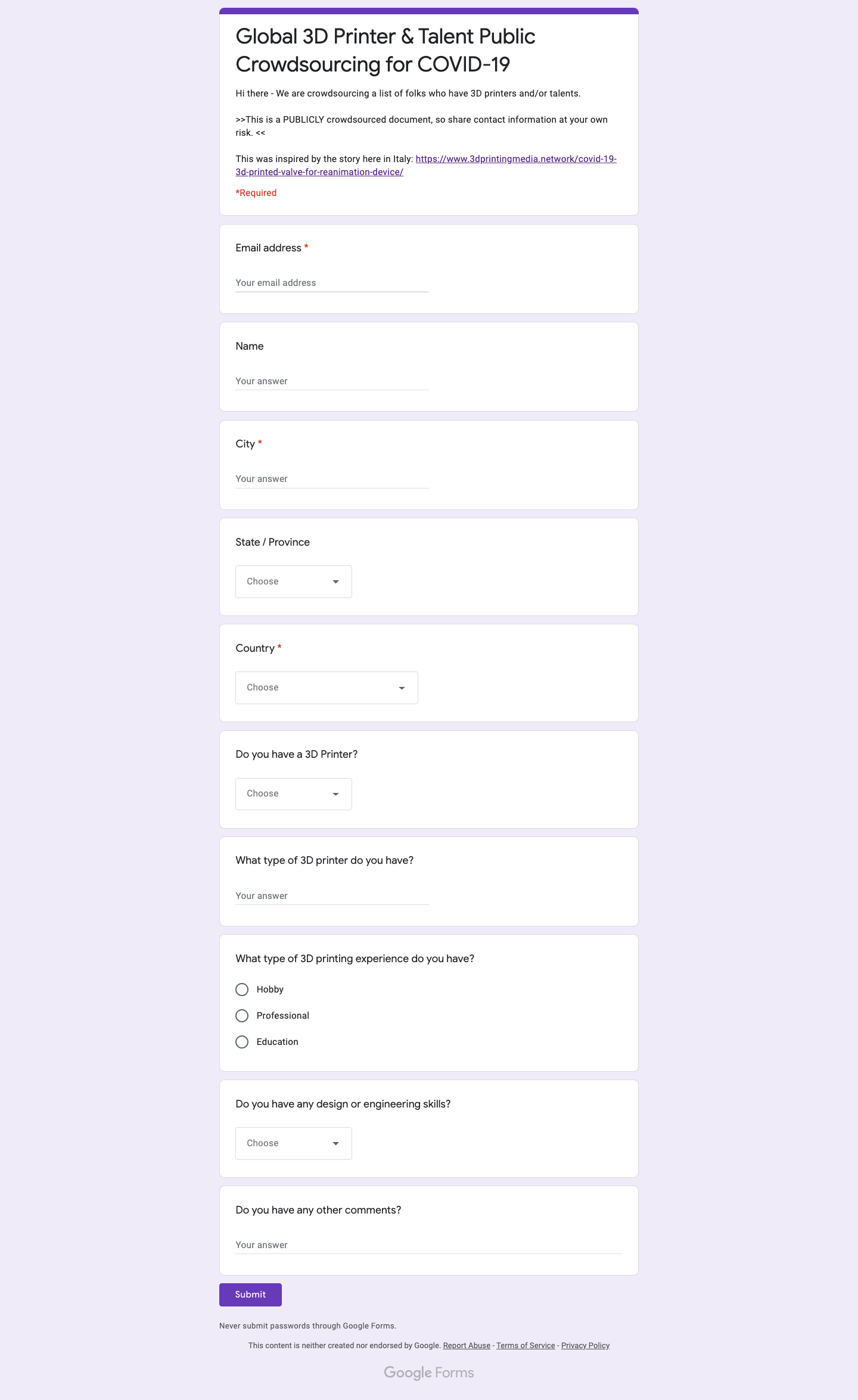 3D Printer Crowdsourcing for COVID-19 gallery image