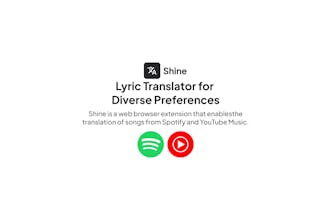 Uma captura de tela mostrando a extensão do navegador Shine em ação, traduzindo letras de uma música do Spotify com traduções instantâneas em inglês, espanhol, coreano, japonês e francês.