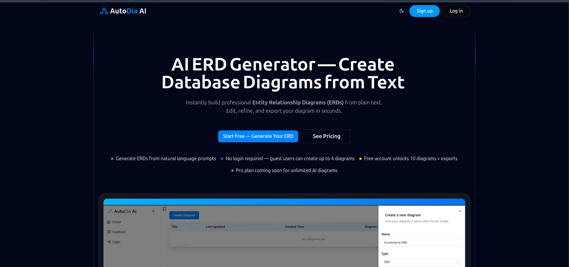 Mídia 1 de Autodia ai - Gerar diagramas ER a partir do texto em segundos