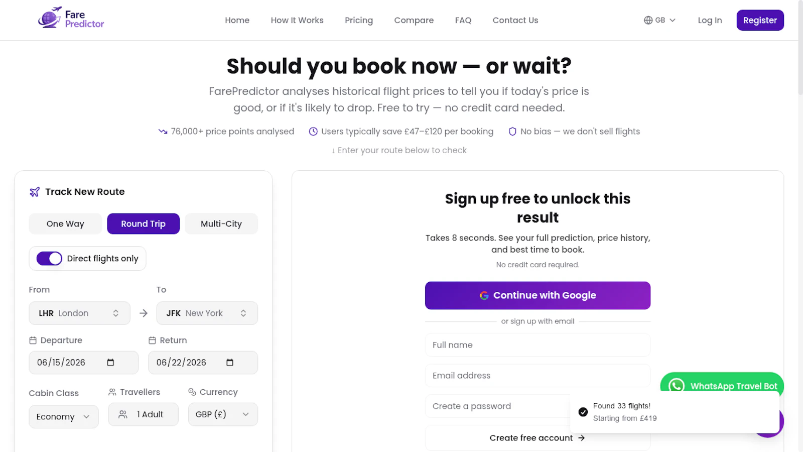 FarePredictor.com screenshot 2