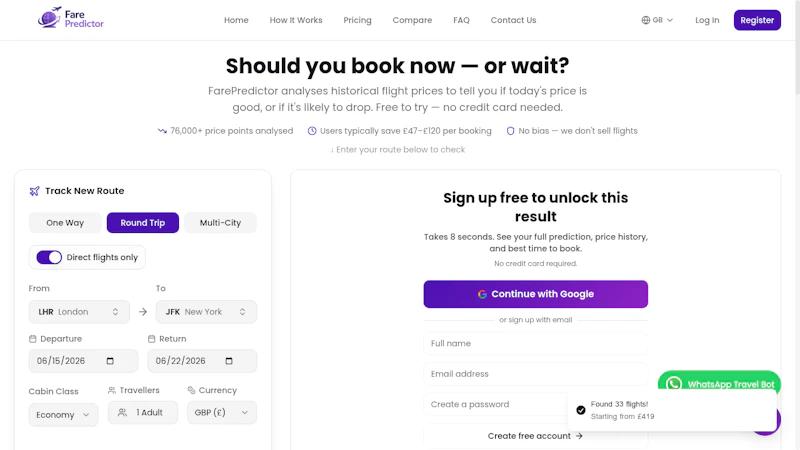 FarePredictor.com screenshot 2