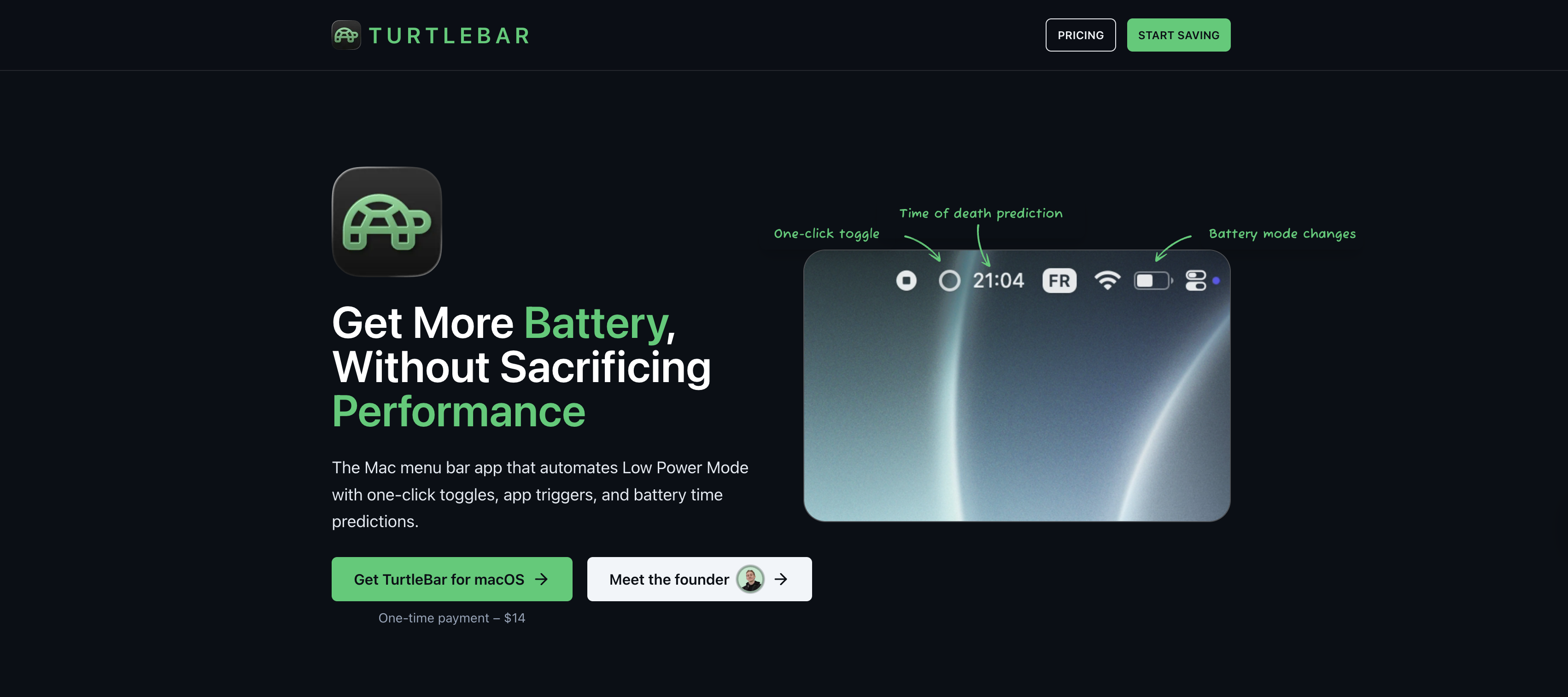 TurtleBar - Smart Battery Saver for Mac - Main product screenshot demonstrating key features and user interface