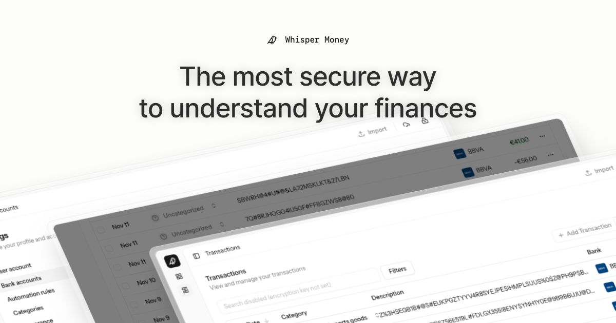 Whisper Money - Main product screenshot demonstrating key features and user interface