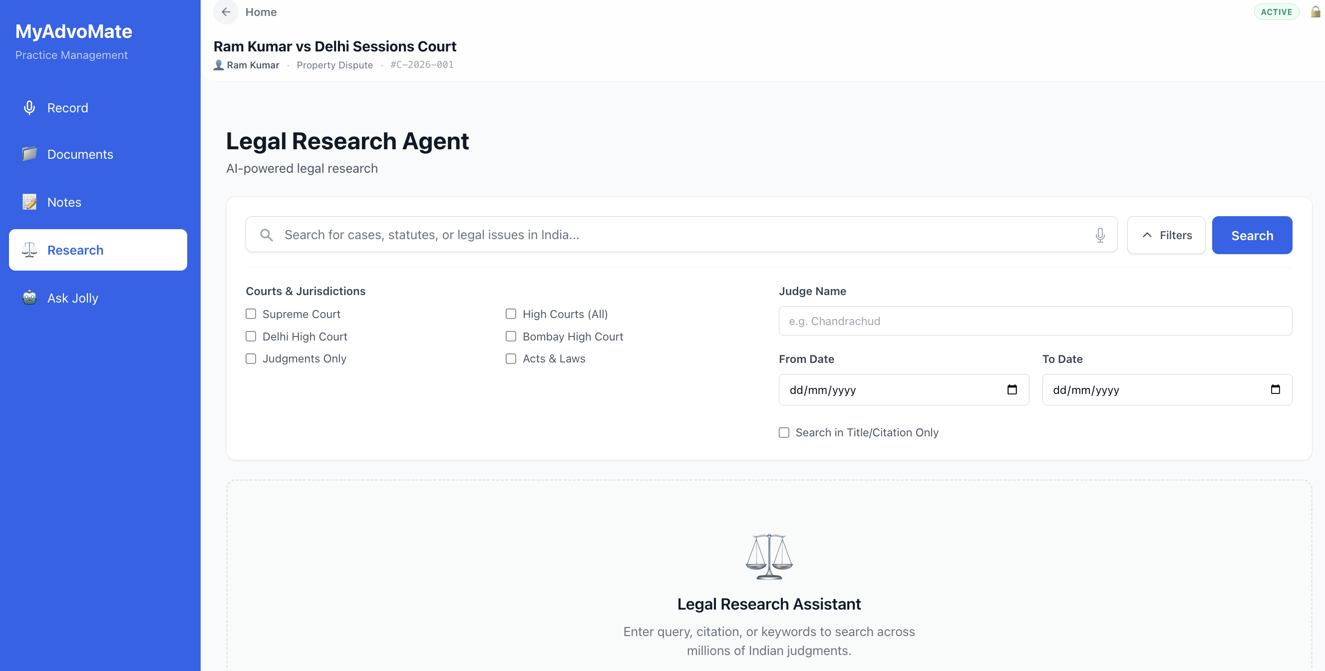 MyAdvoMate - Main product screenshot demonstrating key features and user interface