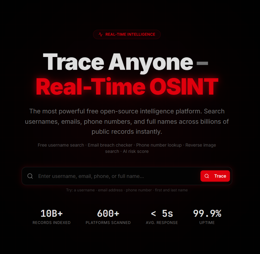 Trace OSINT - Main product screenshot demonstrating key features and user interface