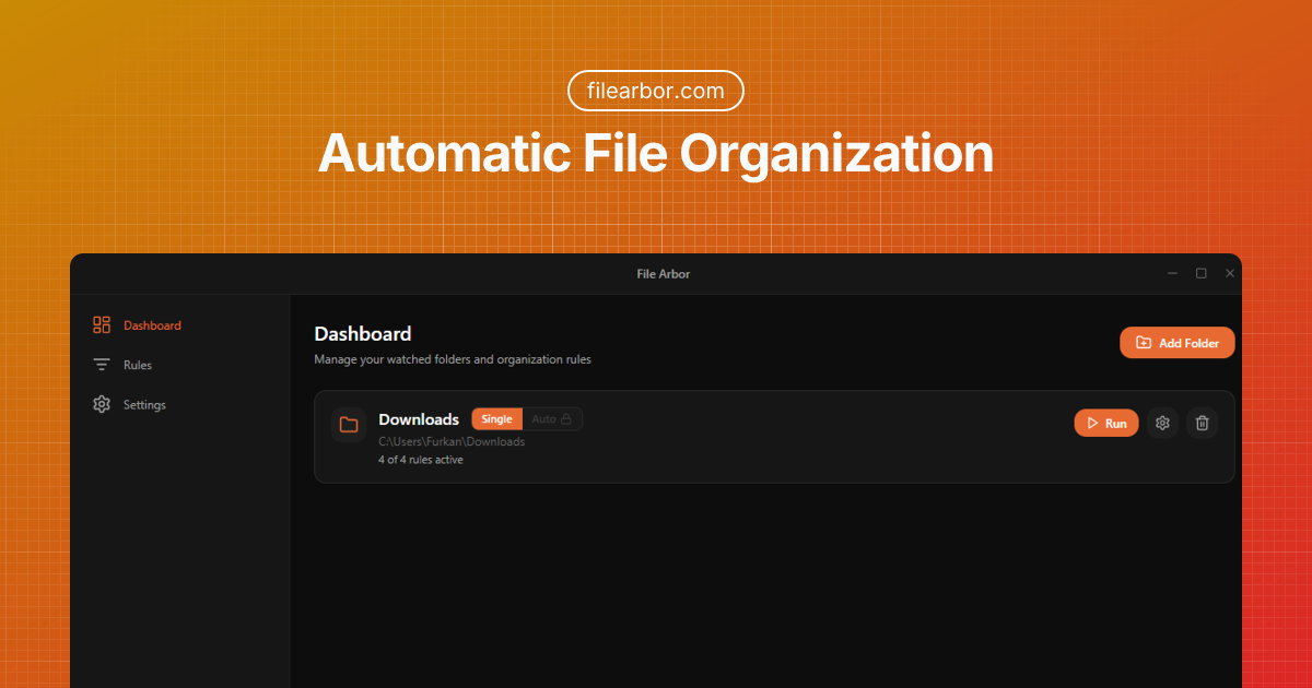FileArbor – Automatic File Organizer - Main product screenshot demonstrating key features and user interface