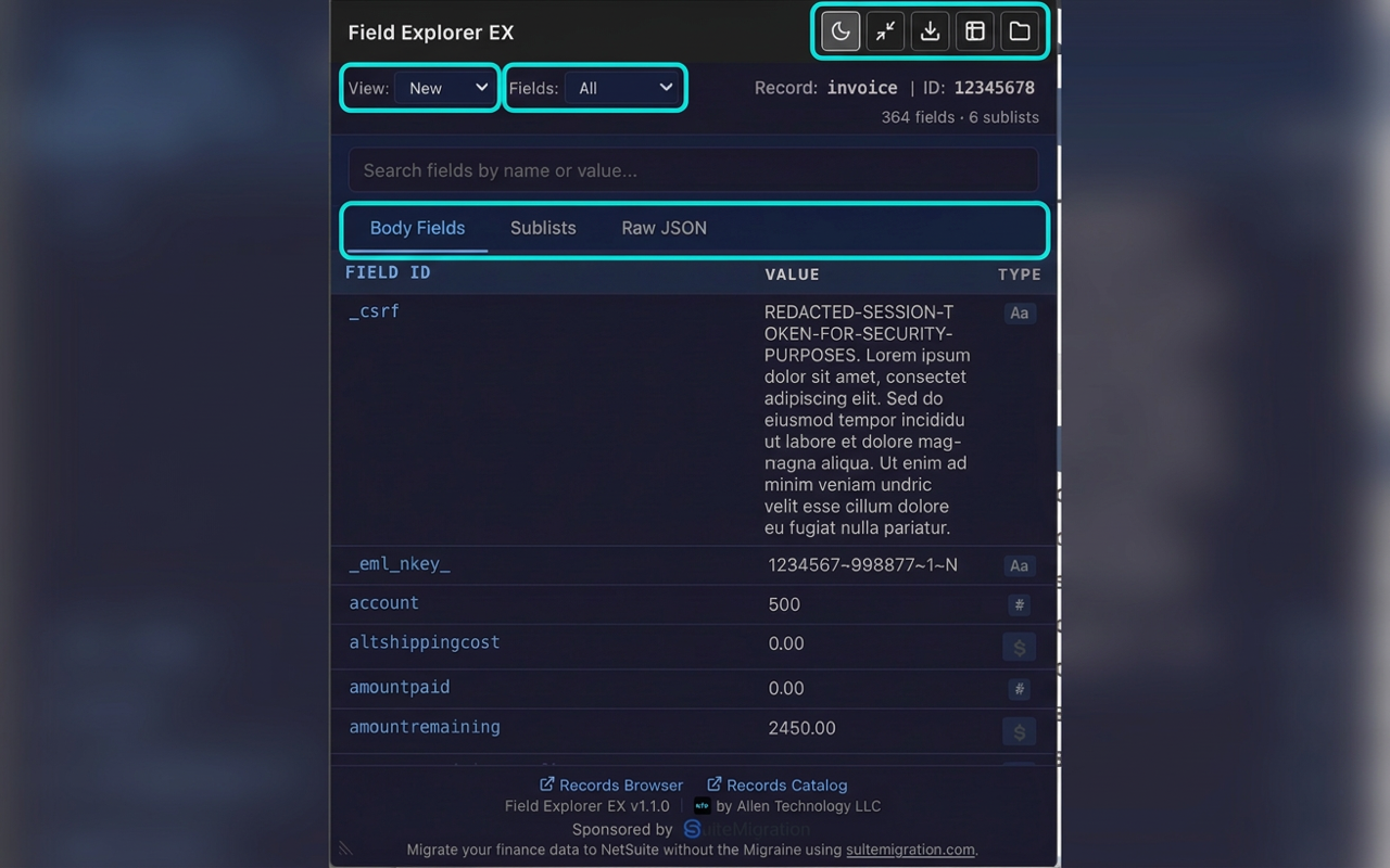 NetSuite Field Explorer EX - Main product screenshot demonstrating key features and user interface
