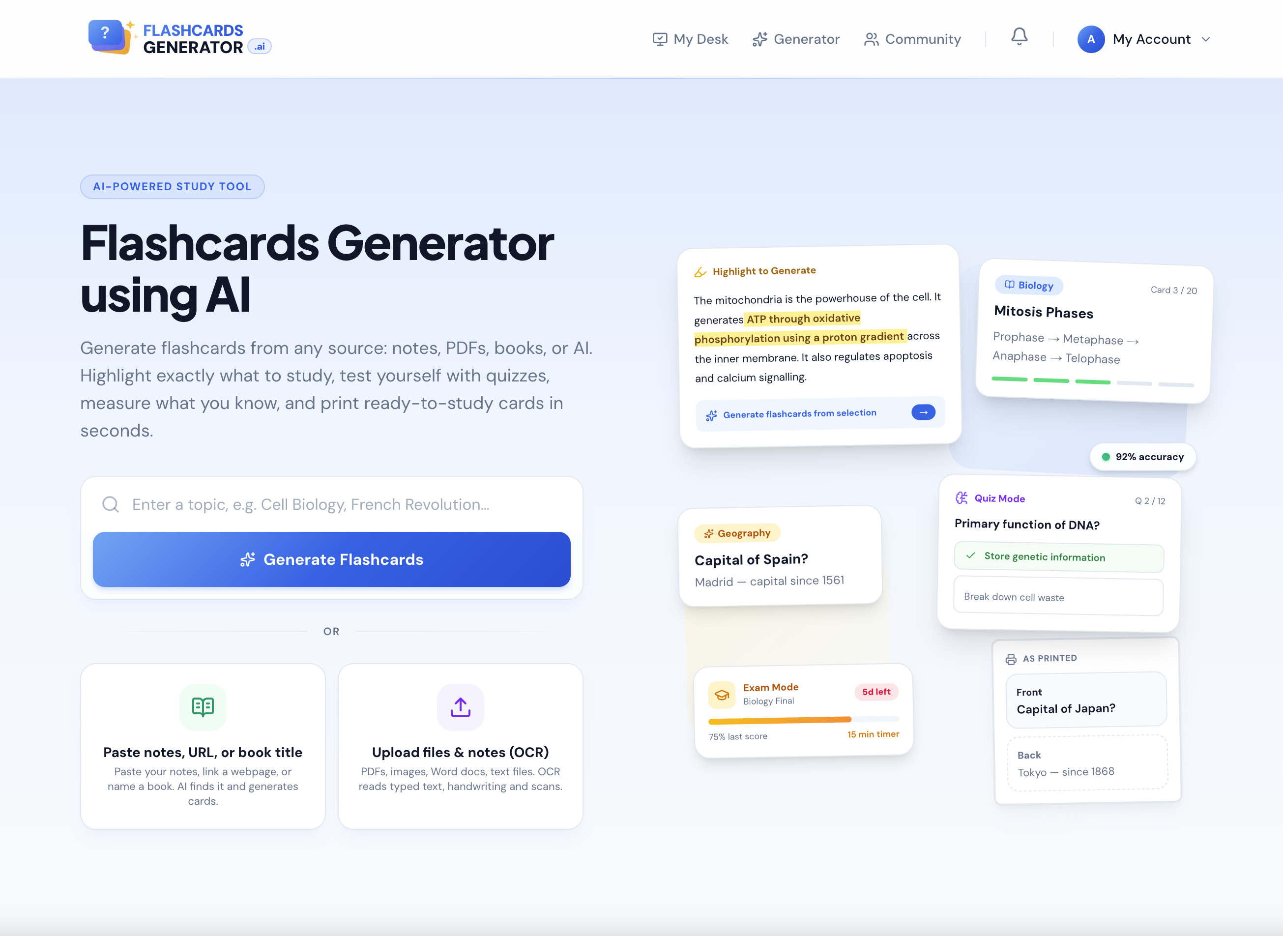 FlashCardsGenerator.ai - Main product screenshot demonstrating key features and user interface
