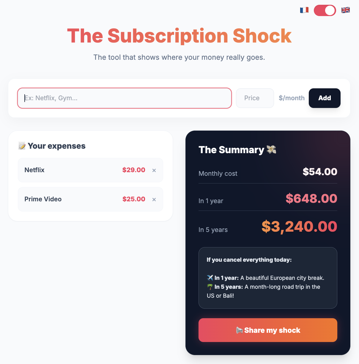 Subscription Shock - Main product screenshot demonstrating key features and user interface