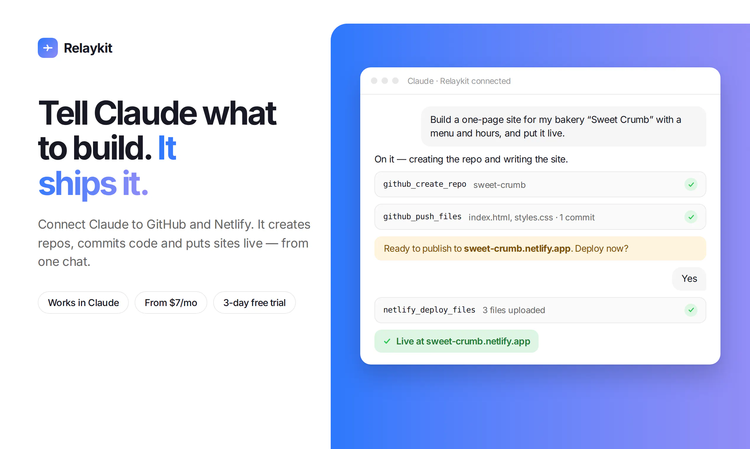 Relaykit: GitHub + Netlify for Claude gallery image