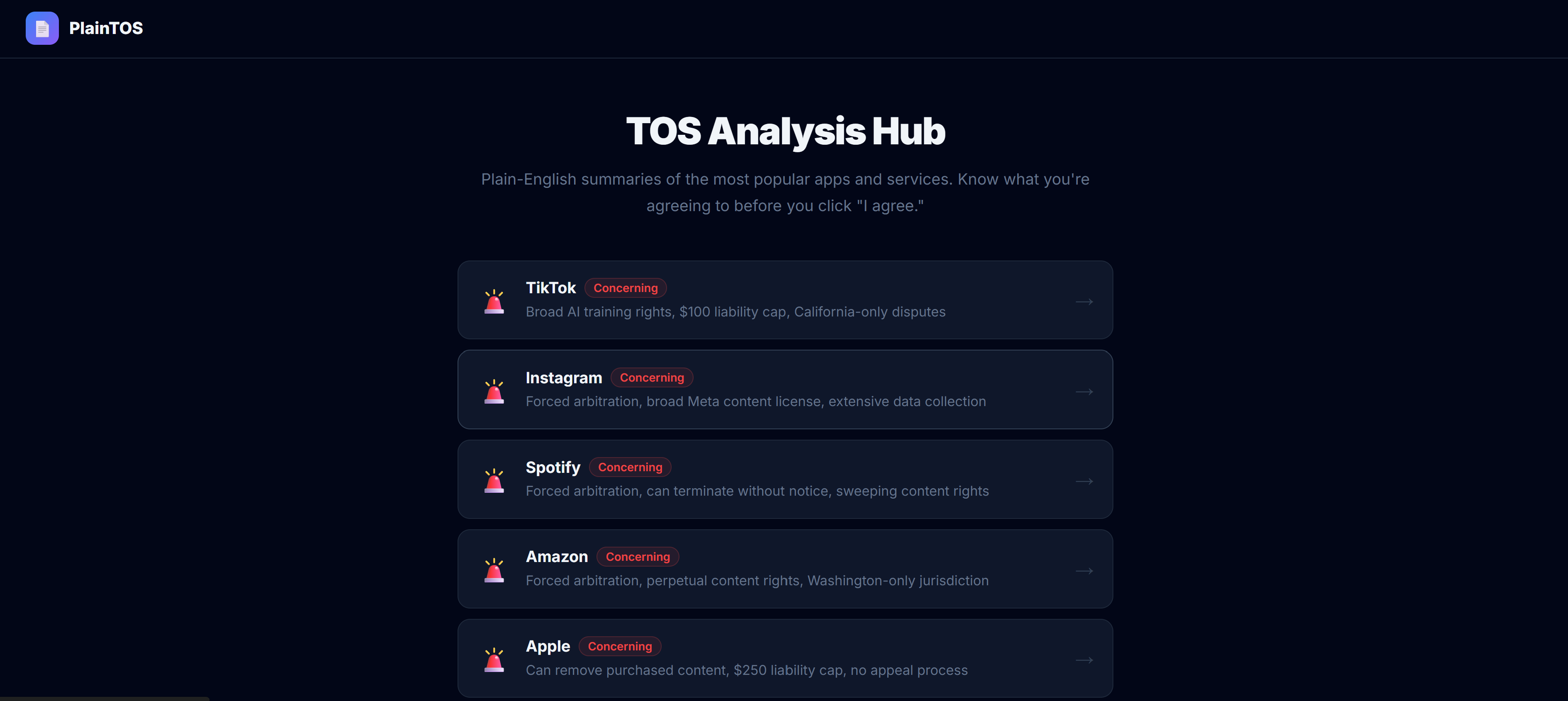 PlainTOS - Screenshot 2 showing product features and functionality