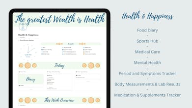 Toolkit per la salute e la felicità all-inclusive con risorse dietetiche, idratanti, per il fitness, per la salute delle donne, farmaci e per la salute mentale