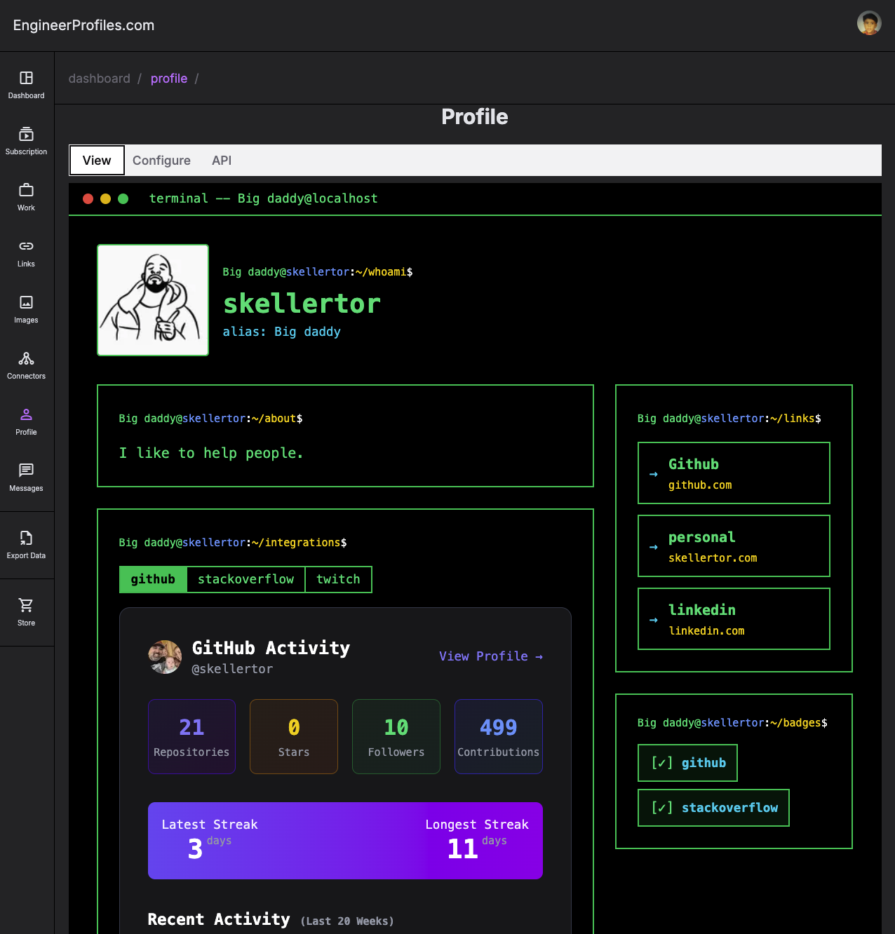 EngineerProfiles.com - Quantify yourself - Main product screenshot demonstrating key features and user interface