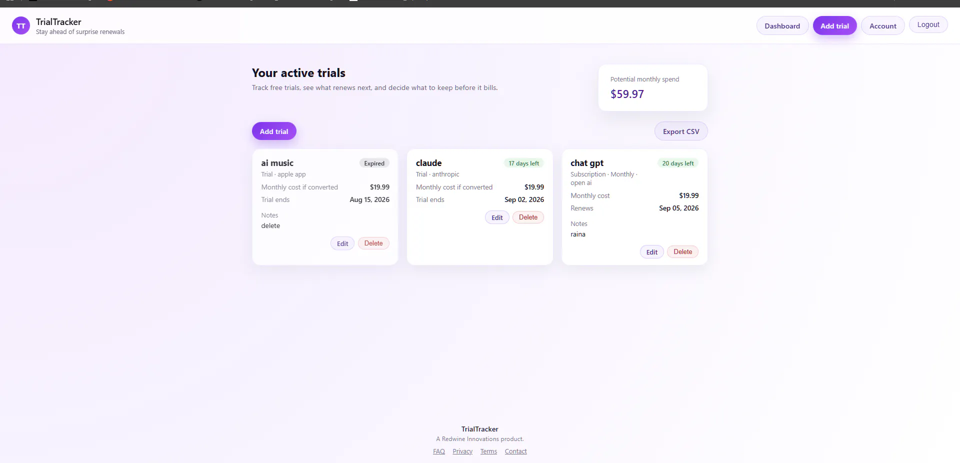 TrialTracker screenshot