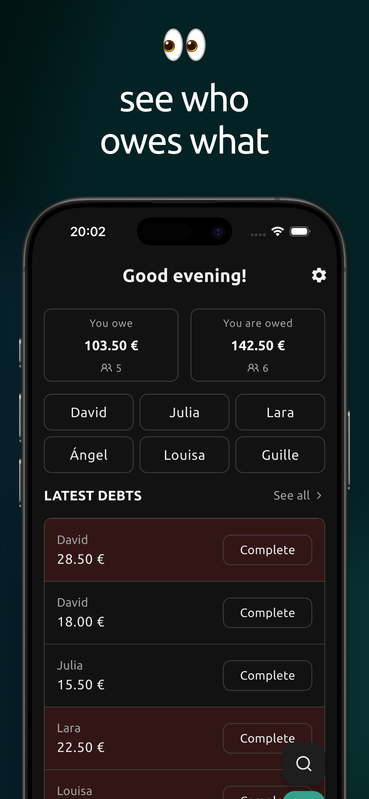 Dibs — Friendly Debt Tracker - Main product screenshot demonstrating key features and user interface