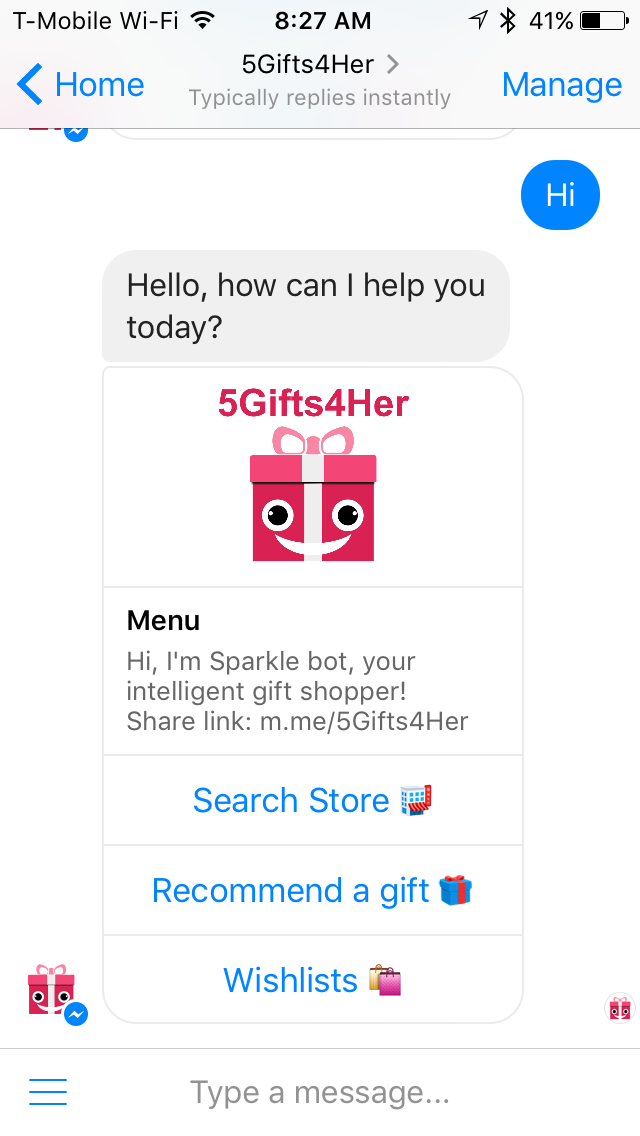 5Gifts4Her Messenger chatbot gallery image