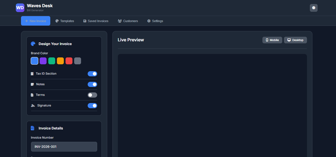 Waves Desk - Bill Generator - Screenshot 4 showing product features and functionality