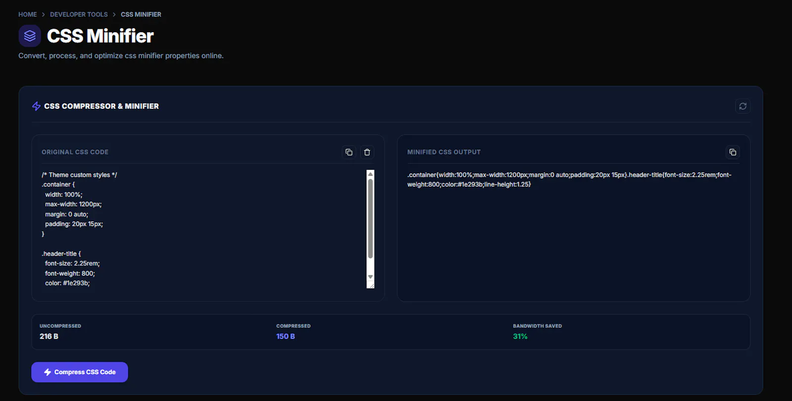 CSS Minifier screenshot 1