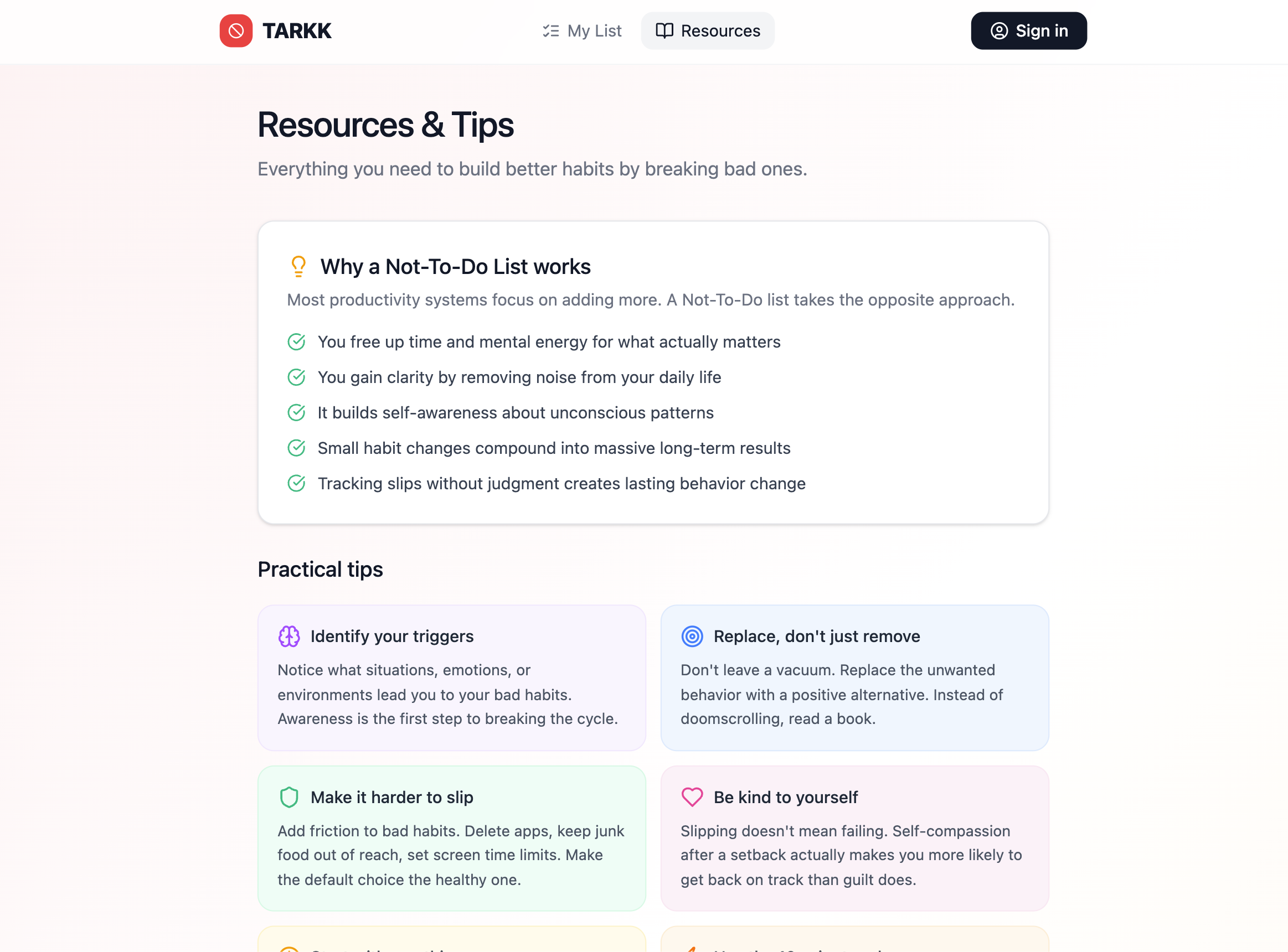 TARKK – Not-To-Do List - Screenshot 2 showing product features and functionality