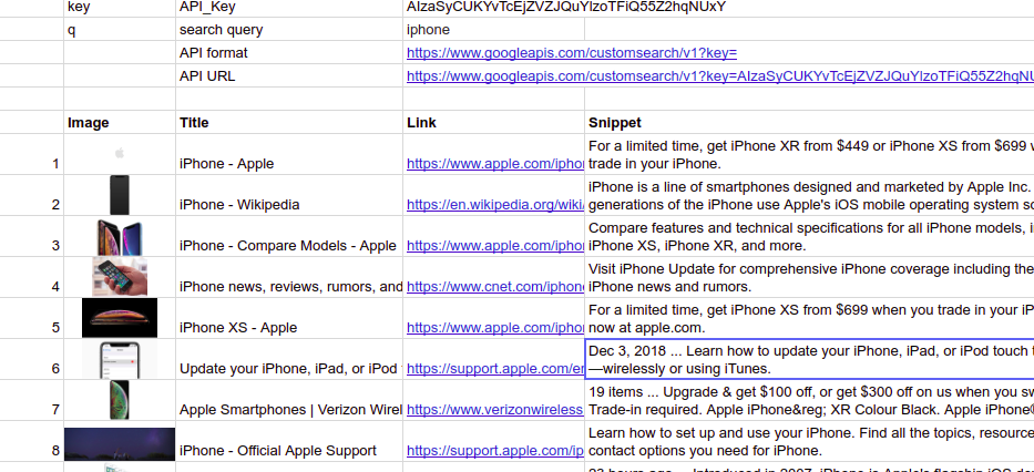 Google search results in spreadsheets
