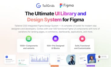 TailGrids Figma - Sistema de Diseño y Biblioteca de IU en Figma con más de 500 componentes, ideal para marketing, comercio electrónico, aplicaciones y paneles de control. Se integra perfectamente con Tailwind CSS, HTML, React y Vue.
